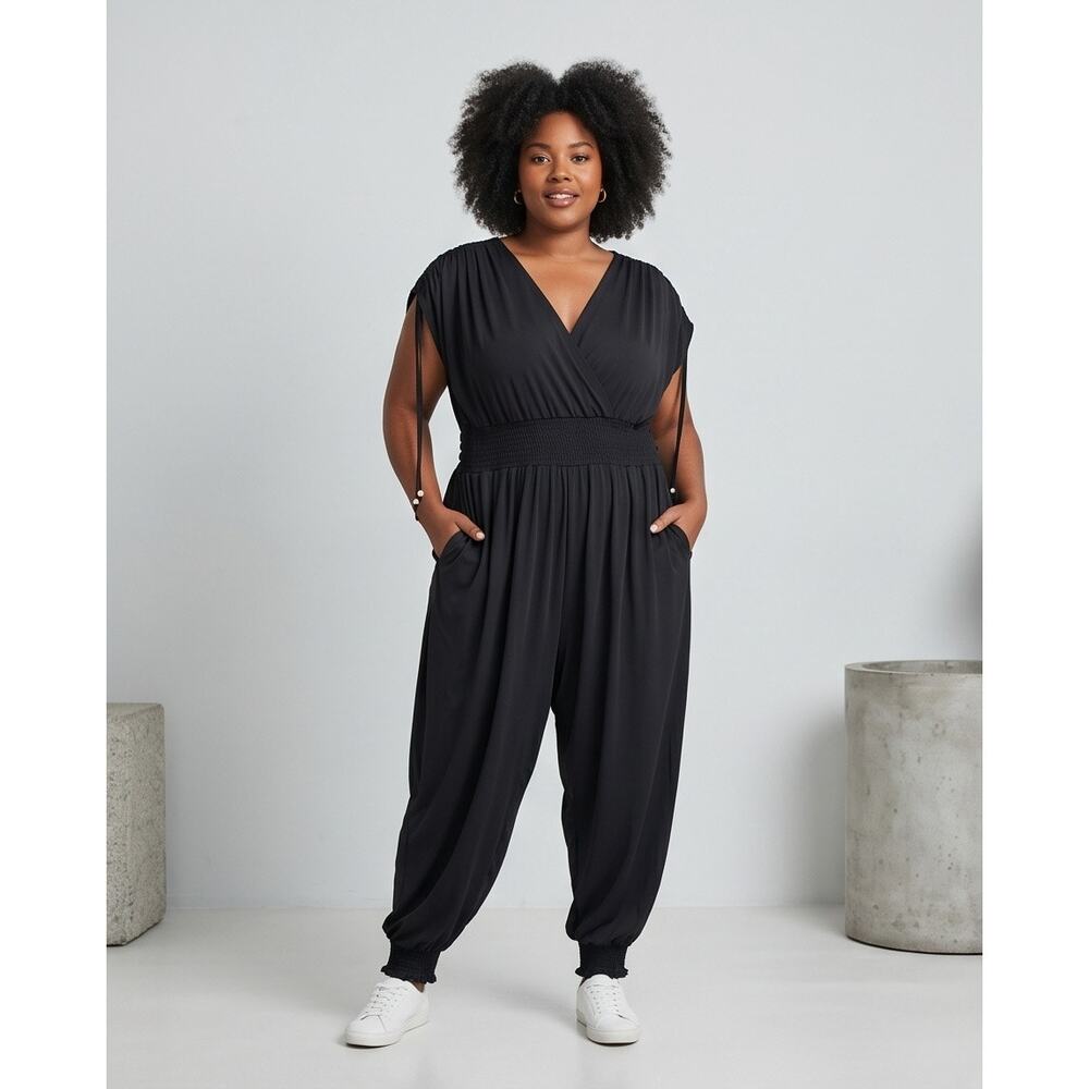Black V-Neck Smocked Waist Harem Jumpsuit with Pockets